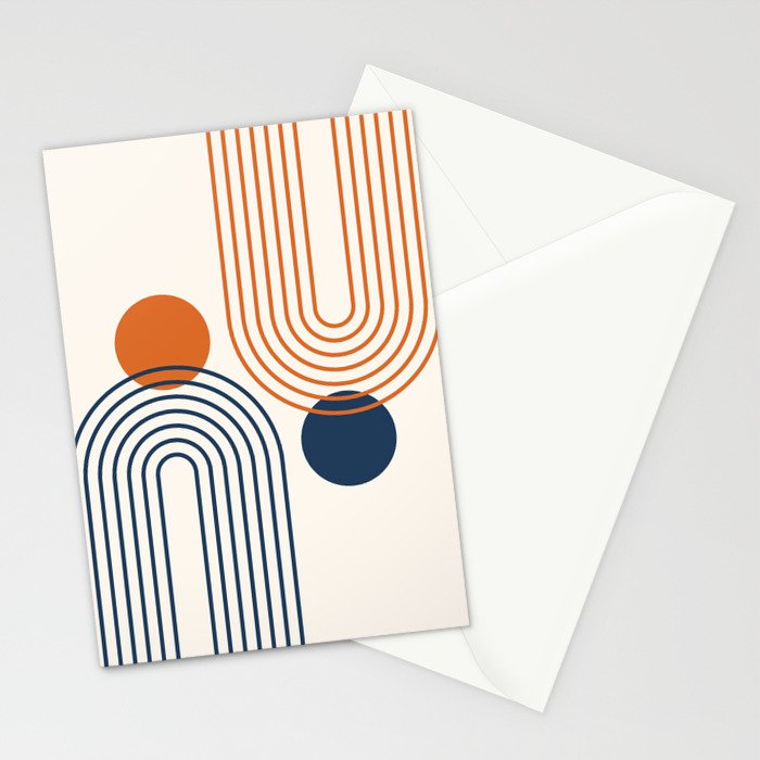 Mid Century Modern Geometric 199 in Navy Blue Orange Stationery Card Gallery Image 2