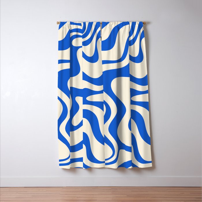 Retro Liquid Swirl Abstract Pattern in Cobalt Blue Cream Window Curtain Gallery Image 3