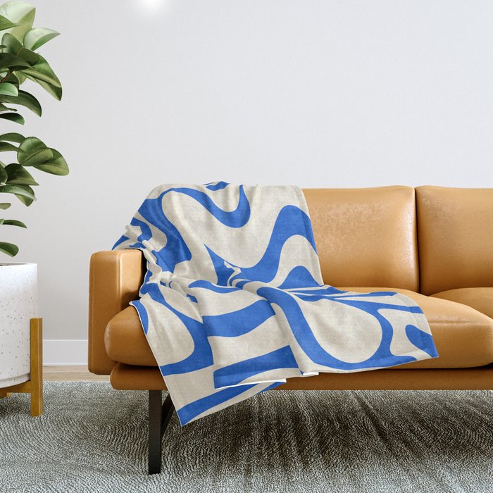 Retro Liquid Swirl Abstract Pattern in Cobalt Blue Cream Throw Blanket Gallery Image 1