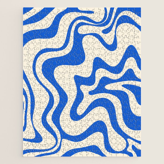 Retro Liquid Swirl Abstract Pattern in Cobalt Blue Cream Jigsaw Puzzle Gallery Image 1