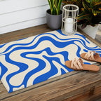 Retro Liquid Swirl Abstract Pattern in Cobalt Blue Cream Outdoor Rug Gallery Image 2