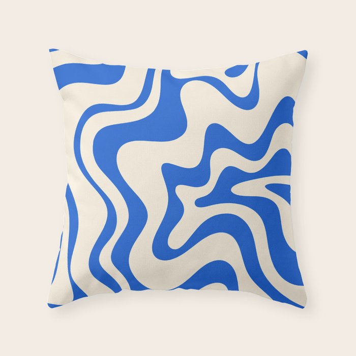 Retro Liquid Swirl Abstract Pattern in Cobalt Blue Cream Throw Pillow Gallery Image 1