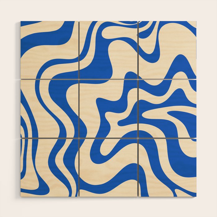 Retro Liquid Swirl Abstract Pattern in Cobalt Blue Cream Wood Wall Art Gallery Image 1
