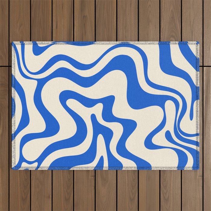 Retro Liquid Swirl Abstract Pattern in Cobalt Blue Cream Outdoor Rug Gallery Image 1