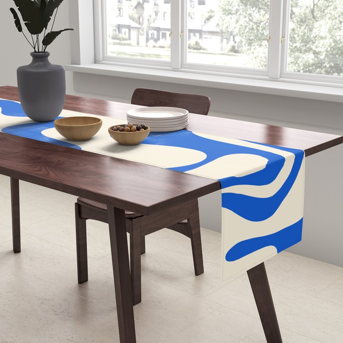 Retro Liquid Swirl Abstract Pattern in Cobalt Blue Cream Table Runner Gallery Image 2