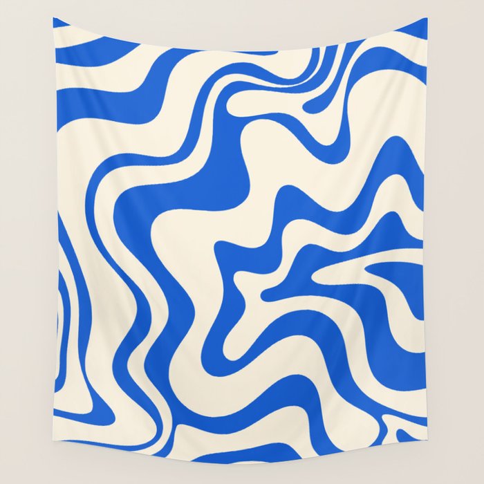 Retro Liquid Swirl Abstract Pattern in Cobalt Blue Cream Wall Tapestry Gallery Image 4