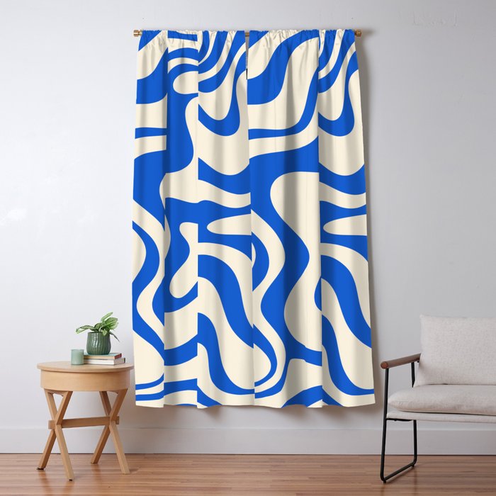 Retro Liquid Swirl Abstract Pattern in Cobalt Blue Cream Window Curtain Gallery Image 1