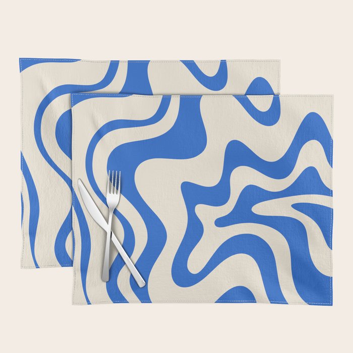 Retro Liquid Swirl Abstract Pattern in Cobalt Blue Cream Placemat Gallery Image 1