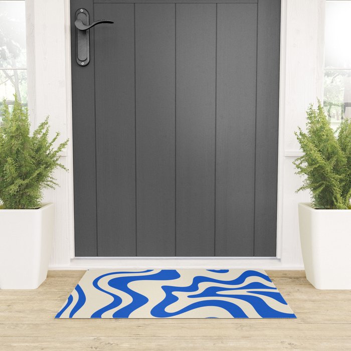 Retro Liquid Swirl Abstract Pattern in Cobalt Blue Cream Welcome Mat Gallery Image 3