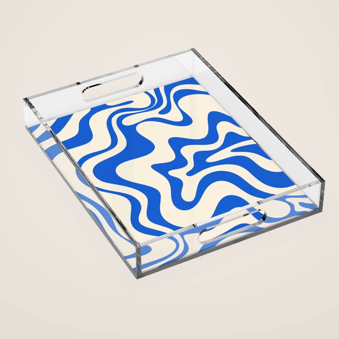Retro Liquid Swirl Abstract Pattern in Cobalt Blue Cream Acrylic Tray Gallery Image 1