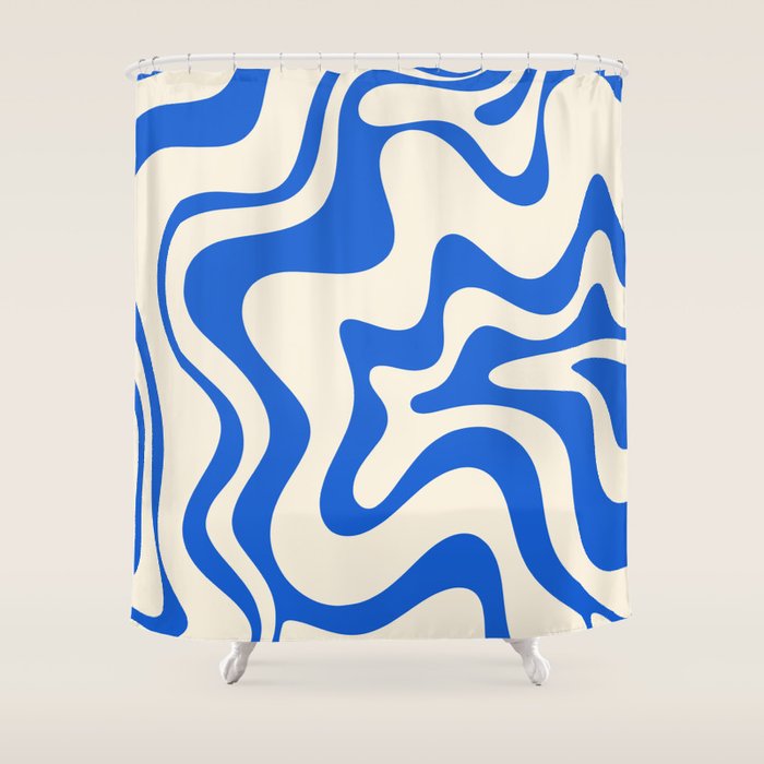 Retro Liquid Swirl Abstract Pattern in Cobalt Blue Cream Shower Curtain Gallery Image 1