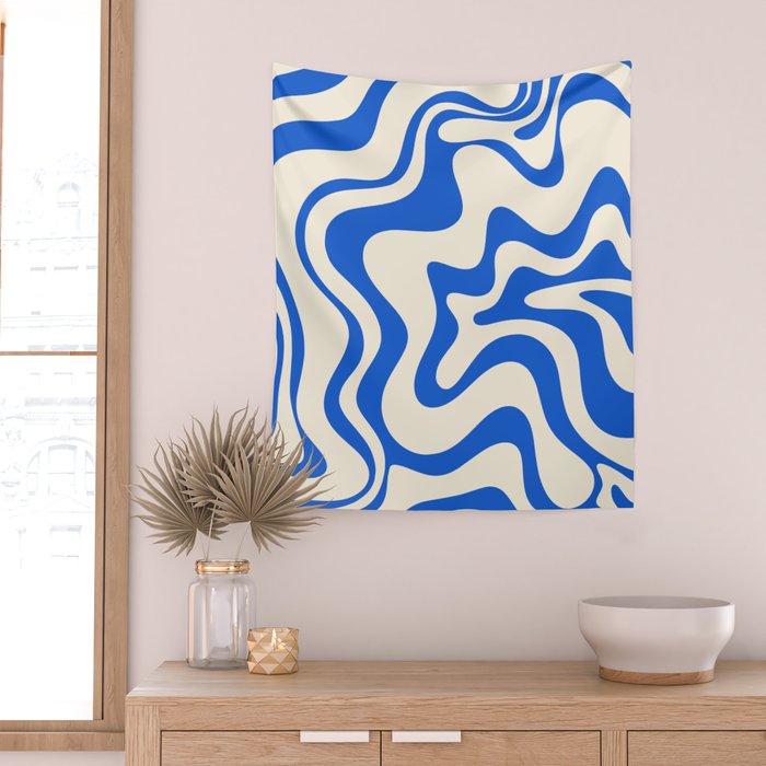 Retro Liquid Swirl Abstract Pattern in Cobalt Blue Cream Wall Tapestry Gallery Image 2