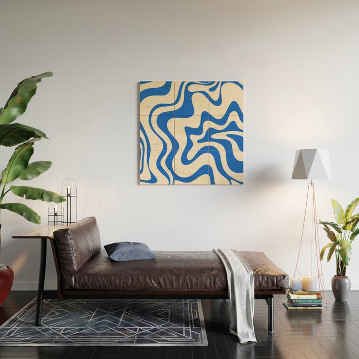 Retro Liquid Swirl Abstract Pattern in Cobalt Blue Cream Wood Wall Art Gallery Image 2