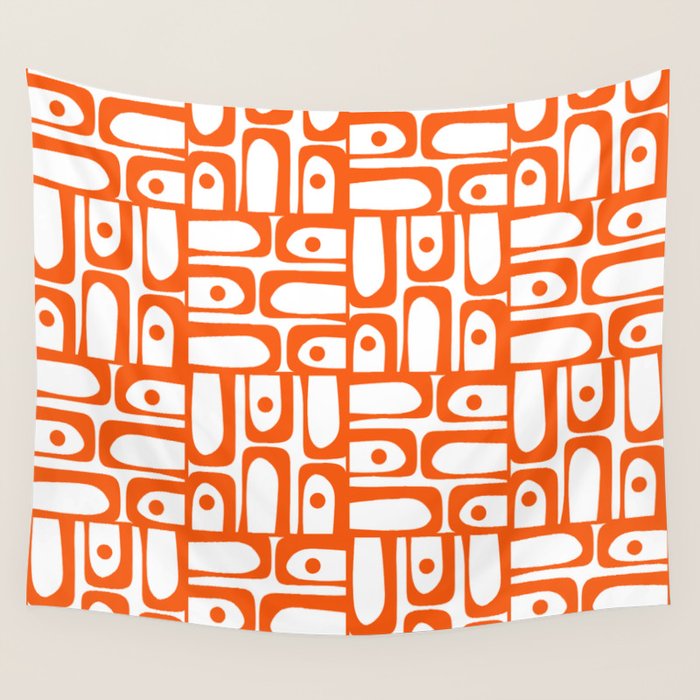 Mid Century Modern Piquet Abstract Multi Geometric Pattern in Orange and White Wall Tapestry Gallery Image 1