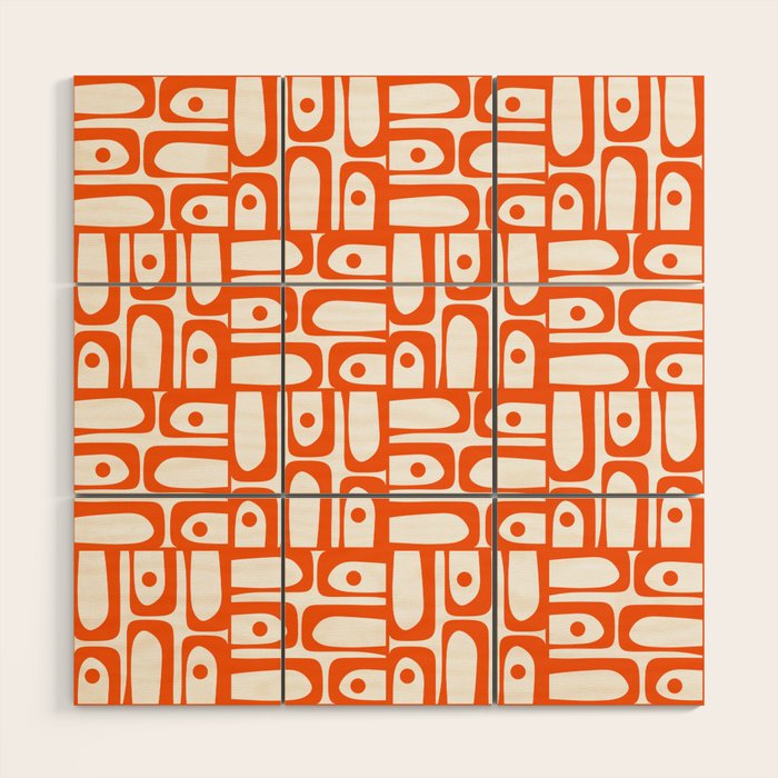 Mid Century Modern Piquet Abstract Multi Geometric Pattern in Orange and White Wood Wall Art Gallery Image 1