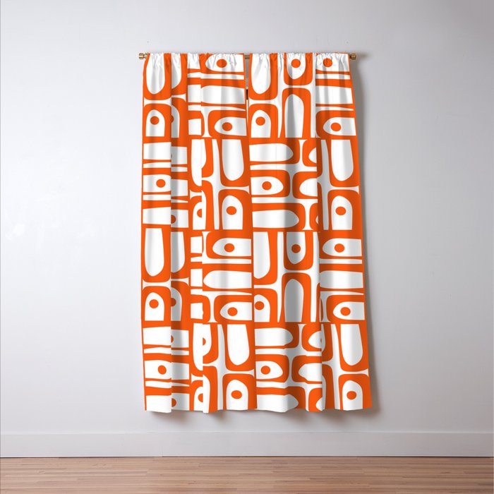Mid Century Modern Piquet Abstract Multi Geometric Pattern in Orange and White Window Curtain Gallery Image 3