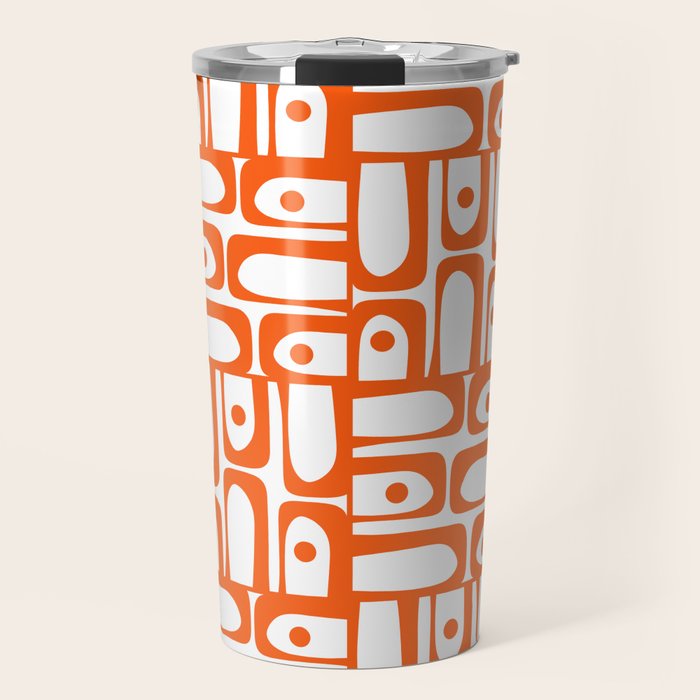 Mid Century Modern Piquet Abstract Multi Geometric Pattern in Orange and White Travel Mug Gallery Image 1