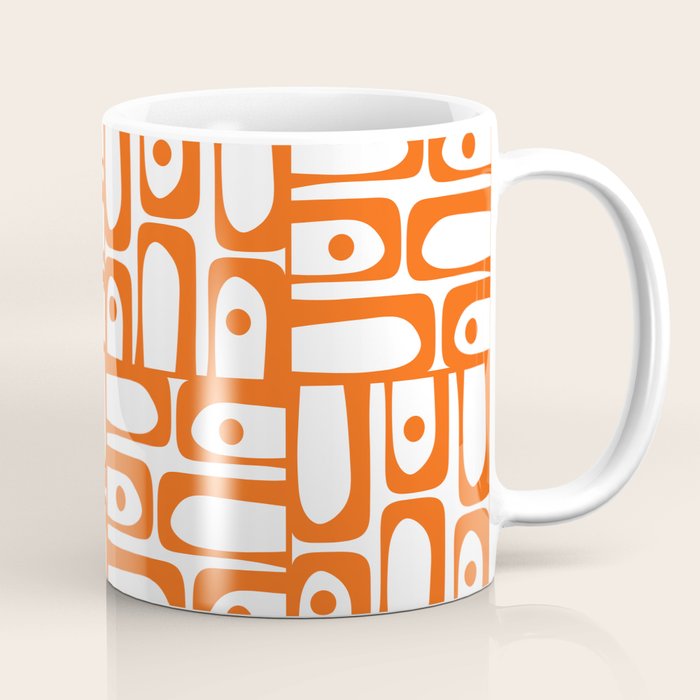 Mid Century Modern Piquet Abstract Multi Geometric Pattern in Orange and White Coffee Mug Gallery Image 1