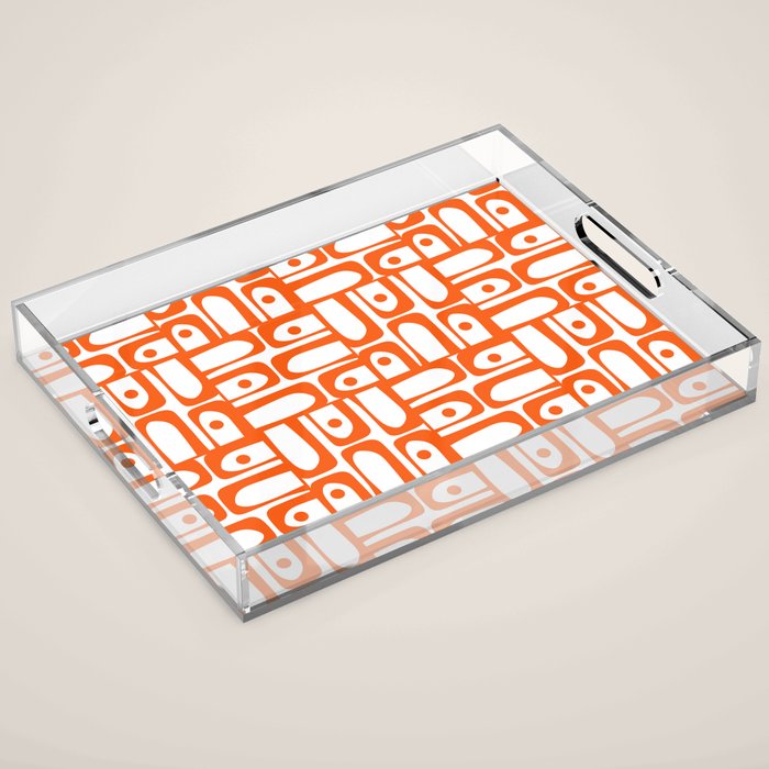 Mid Century Modern Piquet Abstract Multi Geometric Pattern in Orange and White Acrylic Tray Gallery Image 1