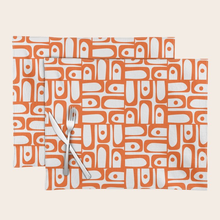 Mid Century Modern Piquet Abstract Multi Geometric Pattern in Orange and White Placemat Gallery Image 1