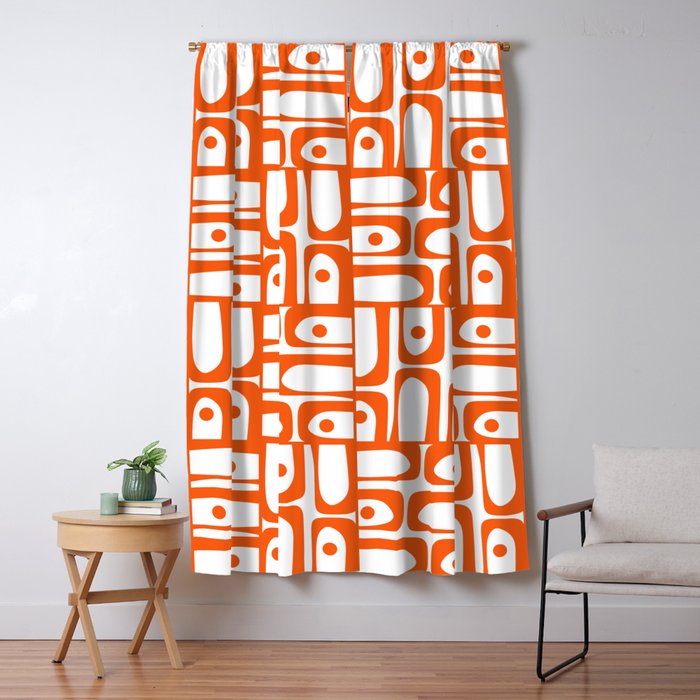 Mid Century Modern Piquet Abstract Multi Geometric Pattern in Orange and White Window Curtain Gallery Image 5