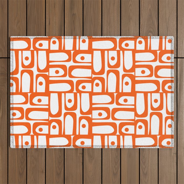 Mid Century Modern Piquet Abstract Multi Geometric Pattern in Orange and White Outdoor Rug Gallery Image 1