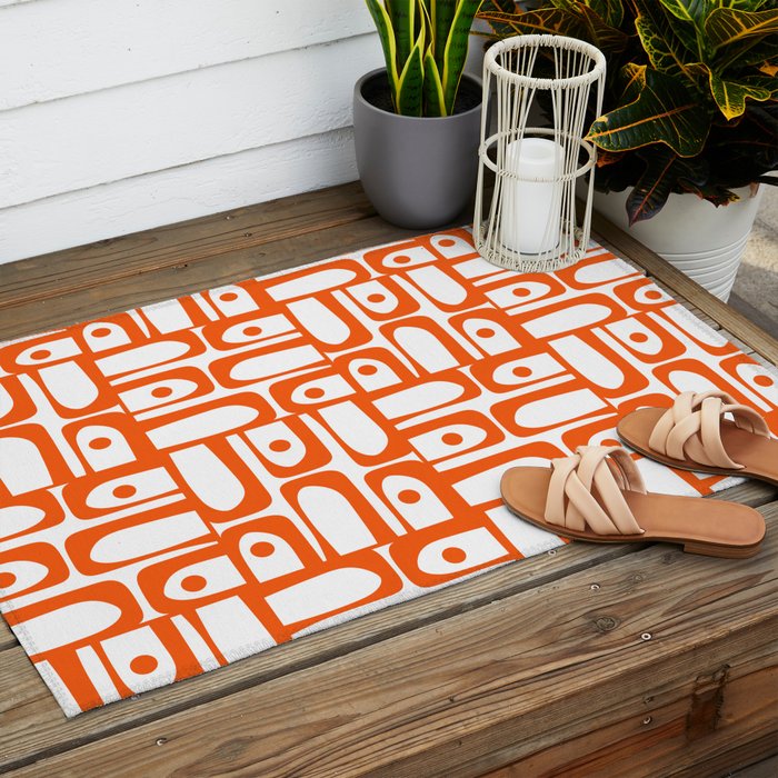 Mid Century Modern Piquet Abstract Multi Geometric Pattern in Orange and White Outdoor Rug Gallery Image 2