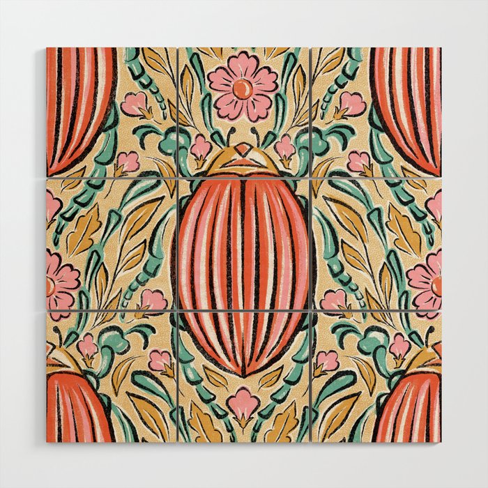 Retro Floral Beetle - pink red gold and teal Wood Wall Art Gallery Image 1