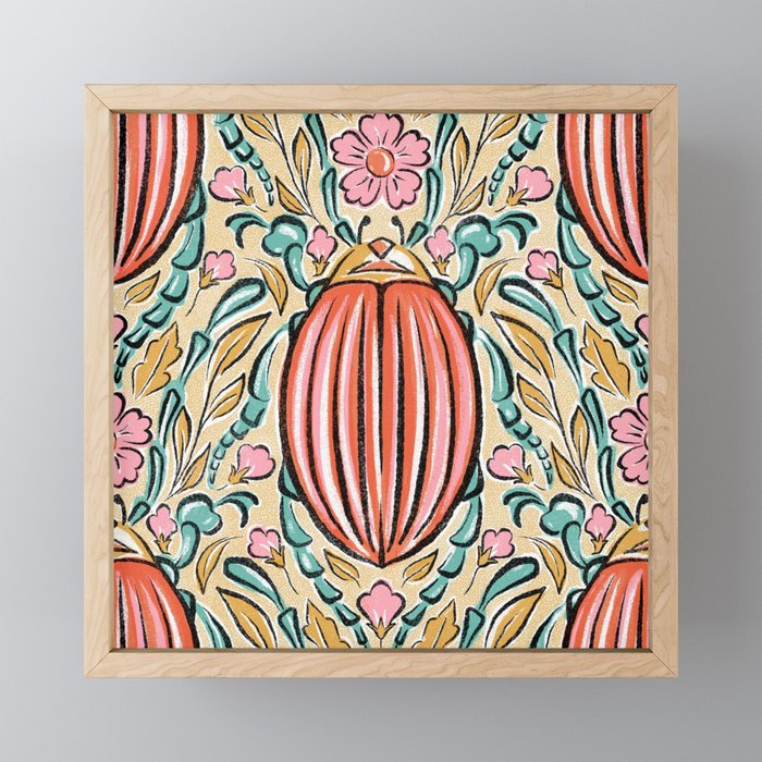 Retro Floral Beetle - pink red gold and teal Mini Art Print Gallery Image 1