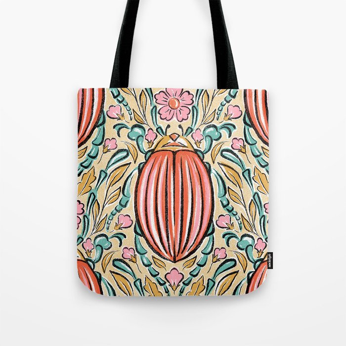 Retro Floral Beetle - pink red gold and teal Tote Bag Gallery Image 1