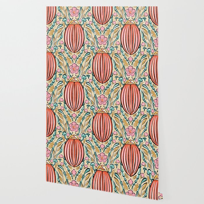 Retro Floral Beetle - pink red gold and teal Wallpaper Gallery Image 2