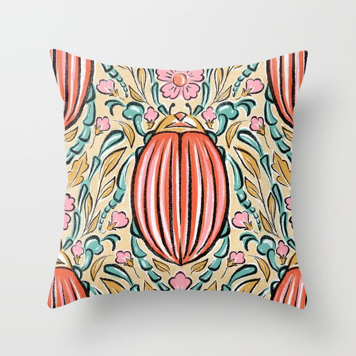 Retro Floral Beetle - pink red gold and teal Throw Pillow Gallery Image 6