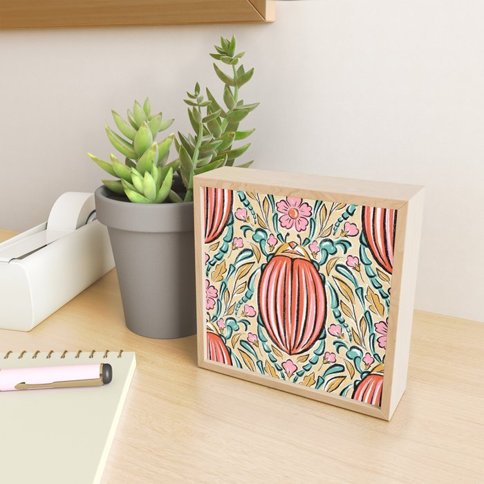 Retro Floral Beetle - pink red gold and teal Mini Art Print Gallery Image 2