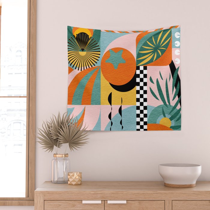 Tropical Orange Forest Sunset / Summer Nature Geometry Landscape Wall Tapestry Gallery Image 2