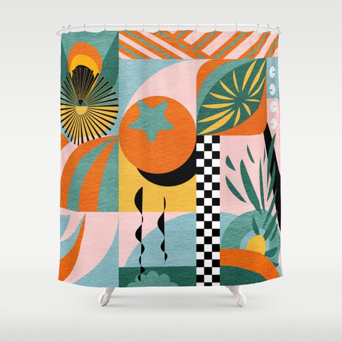 Tropical Orange Forest Sunset / Summer Nature Geometry Landscape Shower Curtain Gallery Image 1