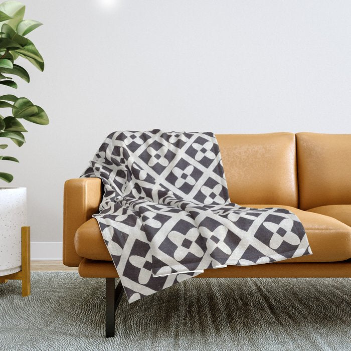 Floral Tiles Pattern / Lino Print Throw Blanket Gallery Image 1