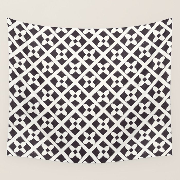 Floral Tiles Pattern / Lino Print Wall Tapestry Gallery Image 1