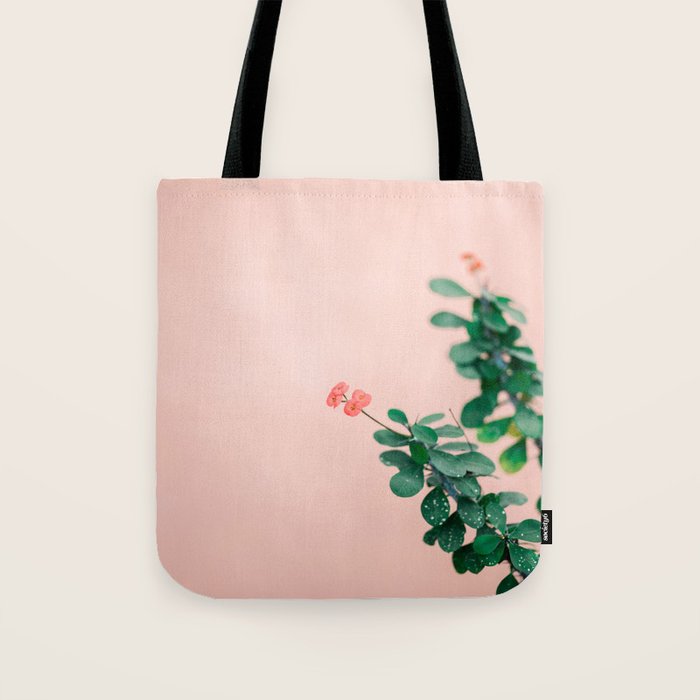 Floral photography print | Green on coral | Botanical photo art Tote Bag Gallery Image 1