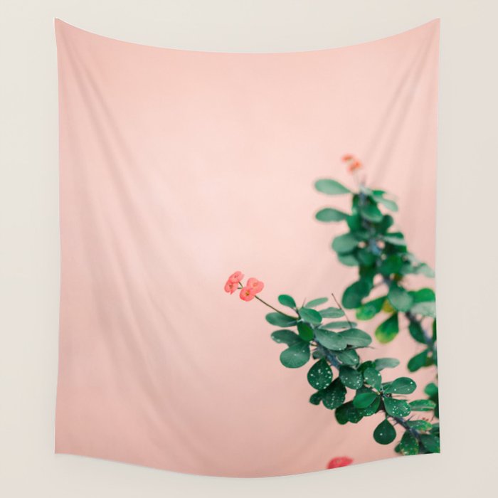 Floral photography print | Green on coral | Botanical photo art Wall Tapestry Gallery Image 4