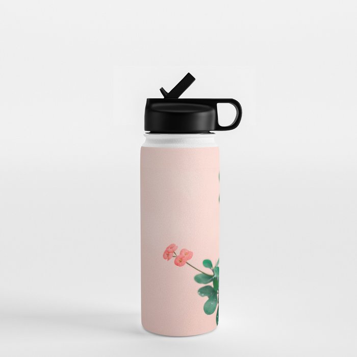 Floral photography print | Green on coral | Botanical photo art Water Bottle Gallery Image 1