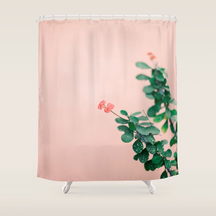 Floral photography print | Green on coral | Botanical photo art Shower Curtain Gallery Image 1