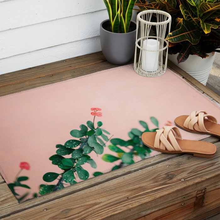 Floral photography print | Green on coral | Botanical photo art Outdoor Rug Gallery Image 2