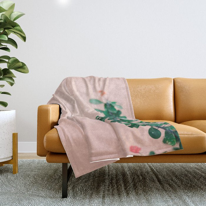 Floral photography print | Green on coral | Botanical photo art Throw Blanket Gallery Image 1