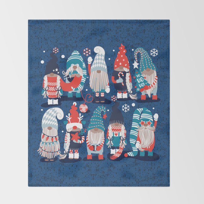 Let it gnome // blue background little Santa's helpers preparing for Christmas neon red classic oxford and pastel blue dressed gnomes Throw Blanket Gallery Image 2