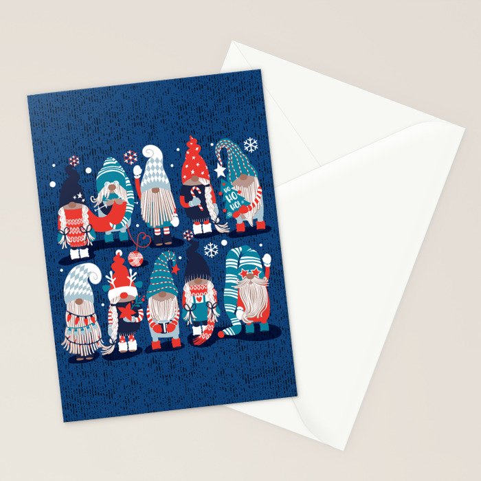 Let it gnome // blue background little Santa's helpers preparing for Christmas neon red classic oxford and pastel blue dressed gnomes Stationery Card Gallery Image 2
