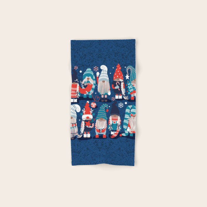 Let it gnome // blue background little Santa's helpers preparing for Christmas neon red classic oxford and pastel blue dressed gnomes Bath Towel Gallery Image 1