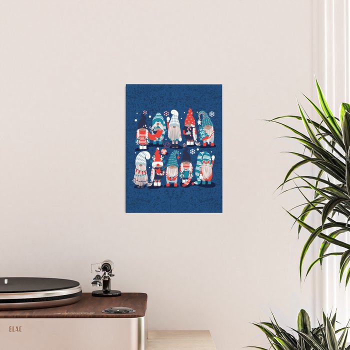 Let it gnome // blue background little Santa's helpers preparing for Christmas neon red classic oxford and pastel blue dressed gnomes Poster Gallery Image 2