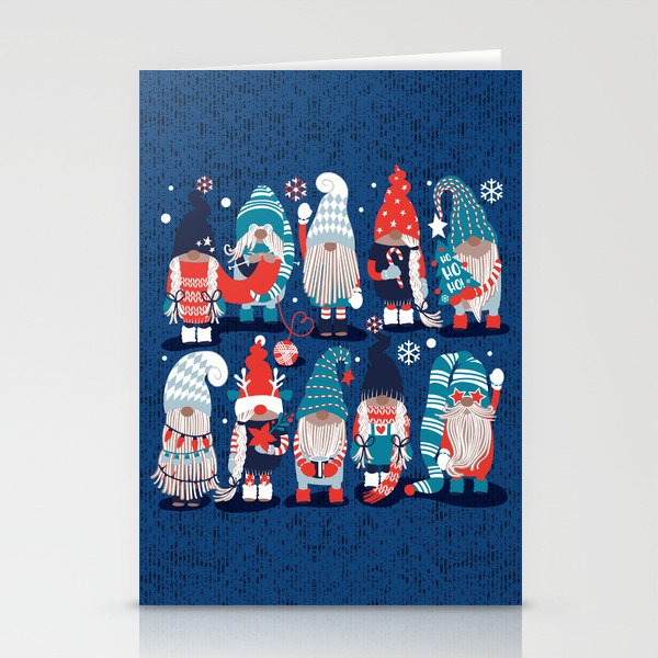 Let it gnome // blue background little Santa's helpers preparing for Christmas neon red classic oxford and pastel blue dressed gnomes Stationery Card Gallery Image 2