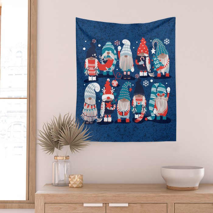 Let it gnome // blue background little Santa's helpers preparing for Christmas neon red classic oxford and pastel blue dressed gnomes Wall Tapestry Gallery Image 2