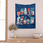 Let it gnome // blue background little Santa's helpers preparing for Christmas neon red classic oxford and pastel blue dressed gnomes Wall Tapestry Gallery Image 2
